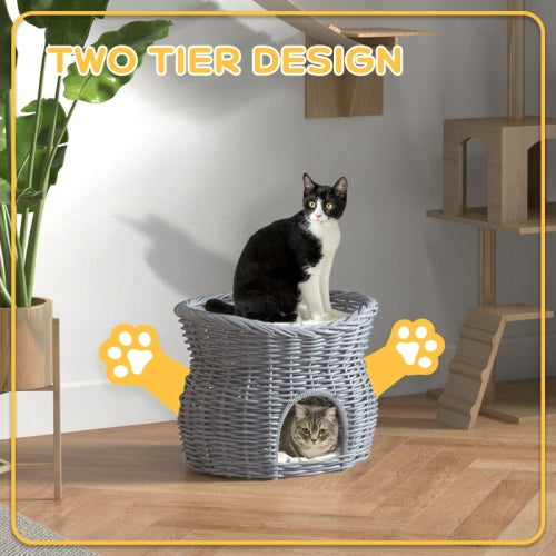PawHut 2 - Tier Wicker Cat House Elevated Pet Bed Basket Willow Kitten Tower Pet Den. With Washable Cushions 56x37x40cm Grey - 5 - CJ