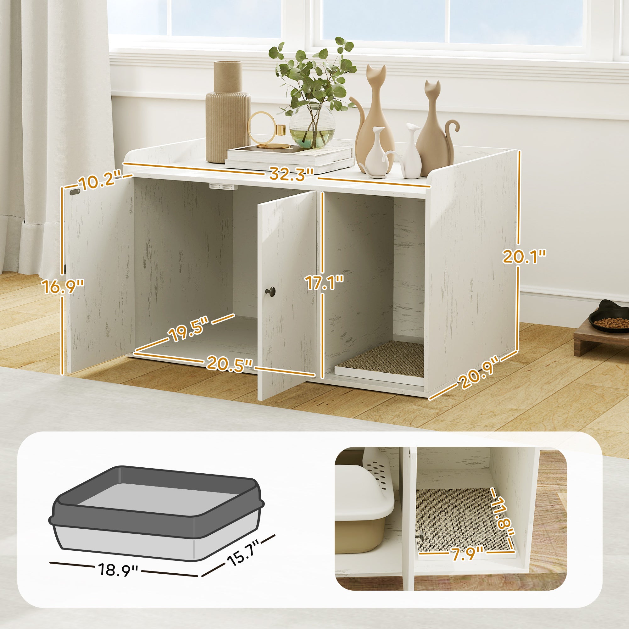 32 Cat Litter Box Enclosure With Scratching Mat, Cat Entrance, Fit Most Of Cat And Litter Box, Distressed White - 5 - CJ