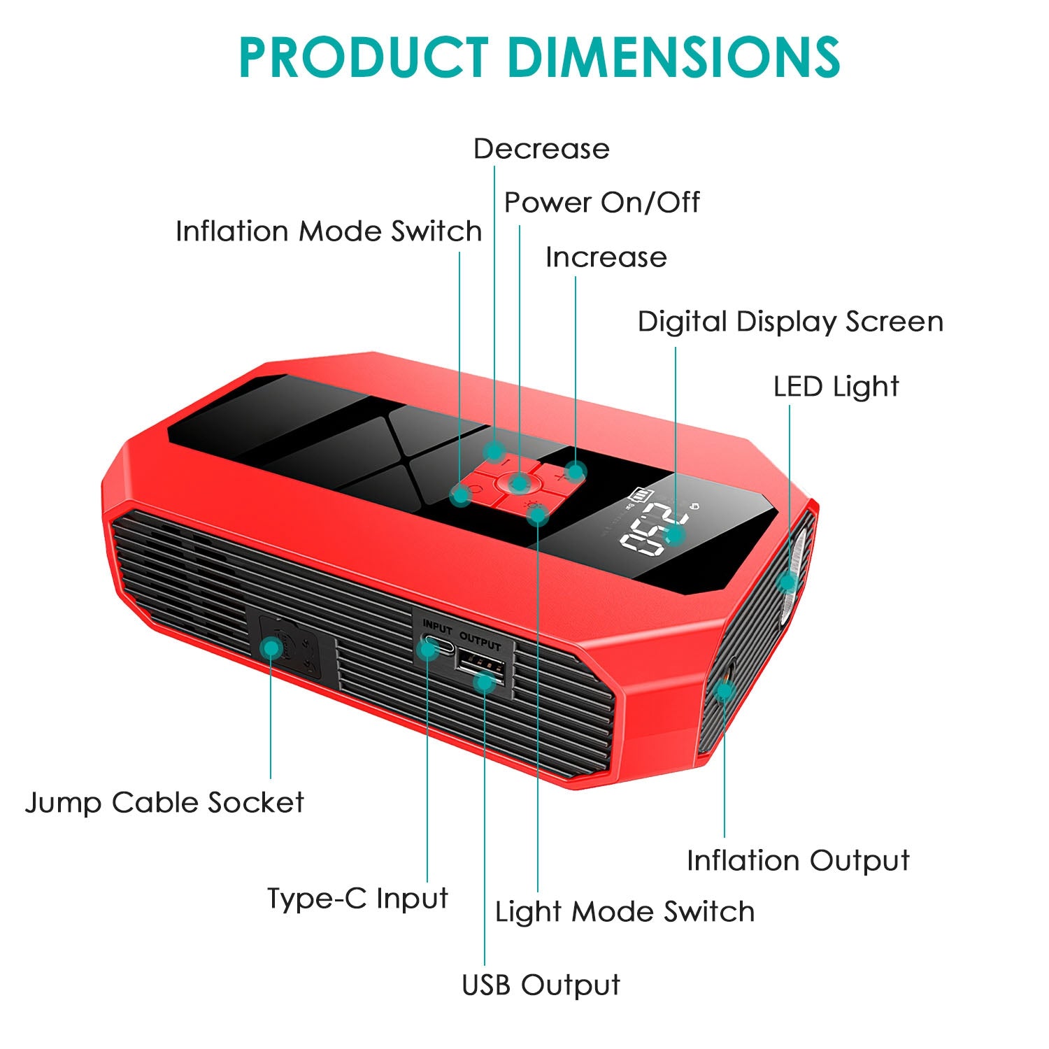 1Pc Portable Car Jump Starter Air Compressor 1500A 400PSI Car Battery Charger Jump Starter Power Bank LED Flashlight Digital Tire Inflator For 4.0L Gasoline Or 2.0L Diesel Engine - 5 - CJ