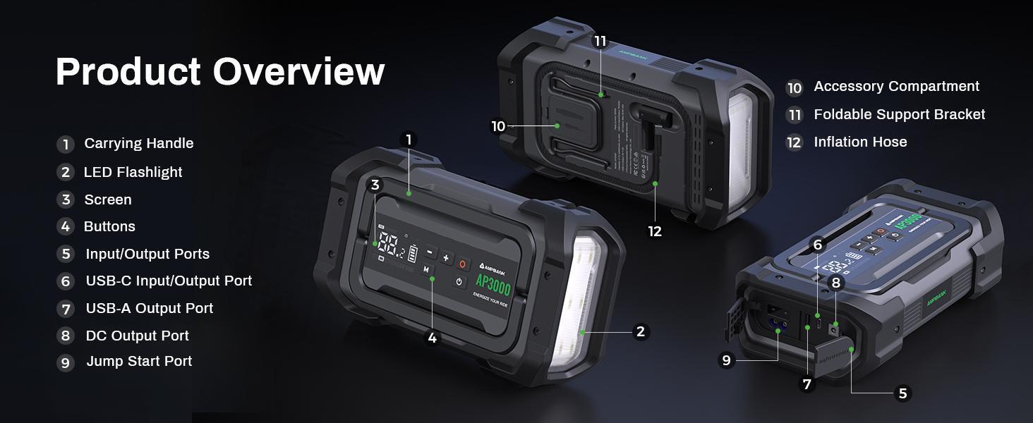 3000A Portable Car Emergency Starter Power Supply With Inflator Function 150PSI Digital Tire Inflator 12V Car Battery Charger With LED Lighting LCD Display - 5 - CJ