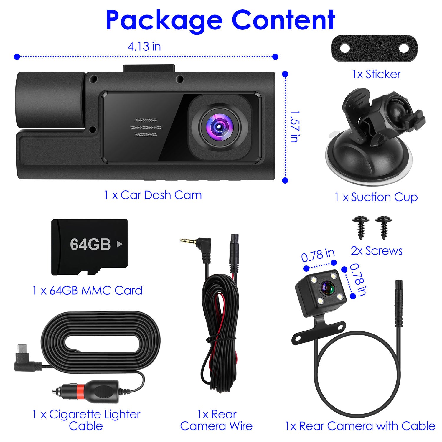 1Pc WiFi FHD 1080P Car Dash Cam 3 Channels Front Rear Inside Dash Camera With Loop Recording Reversing Visual 170 Degree Wide Angle 64G Card Included
