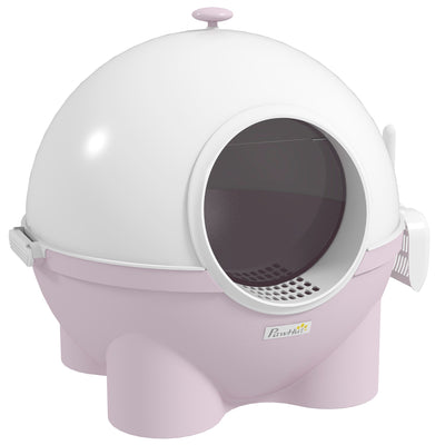 Hooded Cat Litter Box, Large Kitty Litter Pan with Lid, Scoop, Leaking Sand Pedal, Top Handle, Light Pink - 5 - CJ