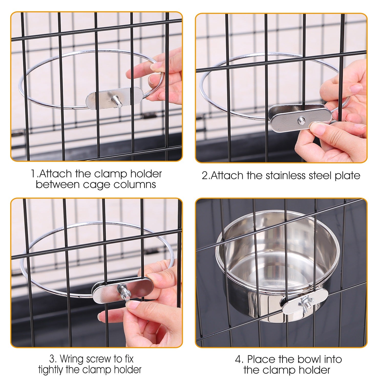 1Pc M Size Stainless Steel Dog Bowl Pets Hanging Food Bowl Detachable Pet Cage Food Water Bowl With Clamp Holder - 5 - CJ