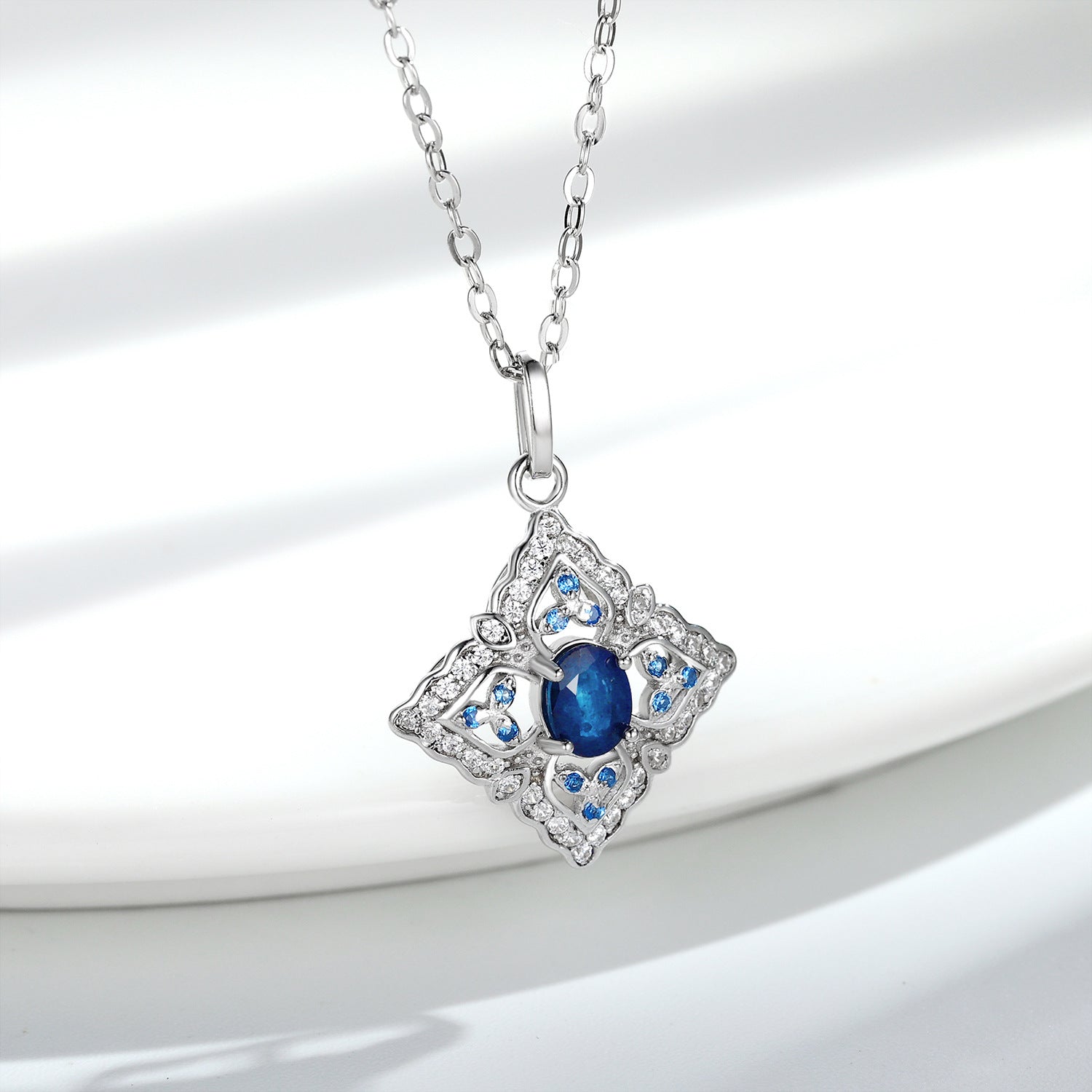 S925 Silver Inlaid Natural Sapphire Necklace High Level Pendant Female Simple Retro Hollow Geometric Diamond Necklace - 4 - CJ