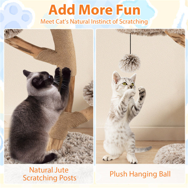 Multi - level Natural Pear Wood Cat Tree, Sisal Scratching Posts, Plush Balls, Long Plush Fabric - 5 - cjdroshippping