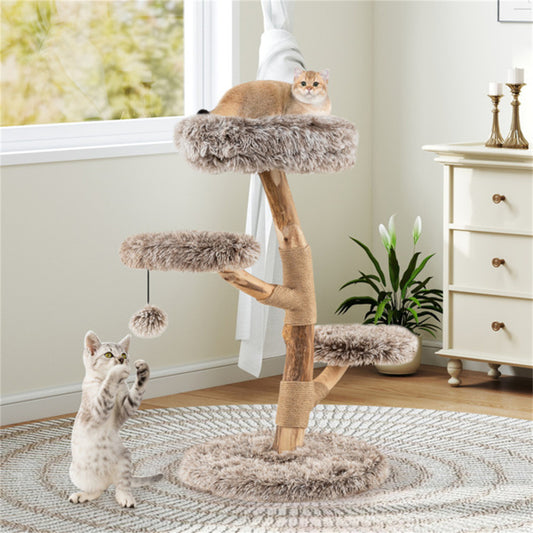 Multi - level Natural Pear Wood Cat Tree, Sisal Scratching Posts, Plush Balls, Long Plush Fabric - 5 - cjdroshippping