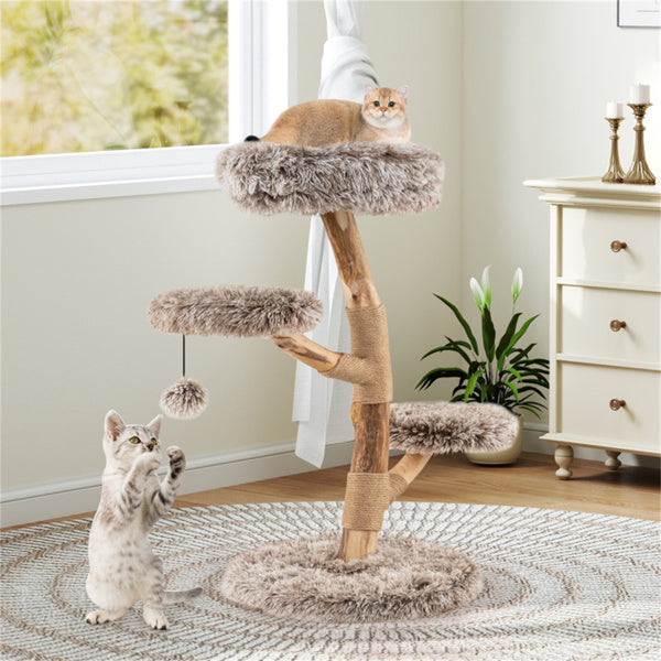 Multi - level Natural Pear Wood Cat Tree, Sisal Scratching Posts, Plush Balls, Long Plush Fabric - 5 - cjdroshippping