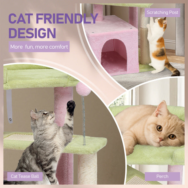 27.5in Cat Tree, Multi - level Cat Tower With Cat Scratching Post And Pad, Cozy Cat Condo, Padded Top Bed For Kittens And Indoor Cats, Pink & Green - 5 - CJ