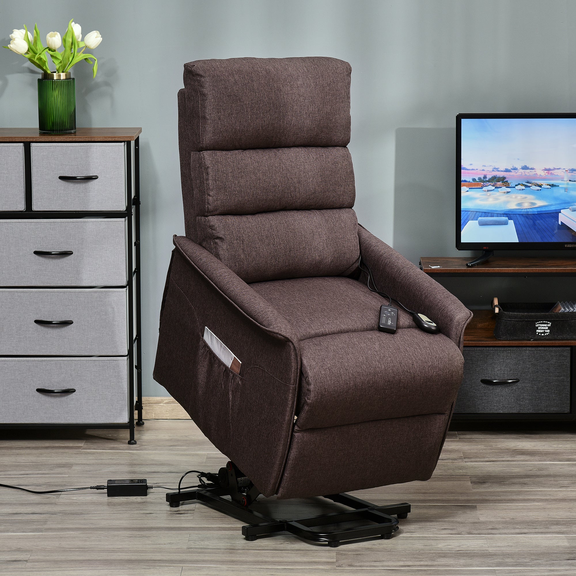 Power Lift Chair with Vibration Massage, Fabric Upholstered Recliner Chair for Elderly with Remote Control, Side Pockets, Brown - 5 - CJ