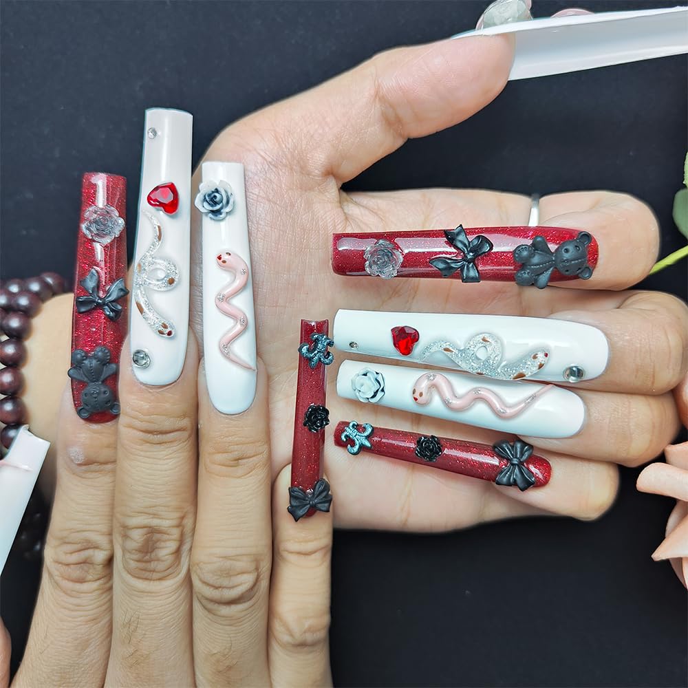 GGddsha Long Handmade PMMA Acrylic Press On Nails WithRhinestone Snake Rose Design, Dark Bear Nails,Reusable Fake Nails W Box, Gift For Women,Scarlet Serpentine - 5 - CJ