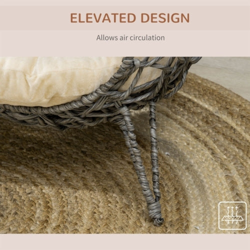 PawHut Rattan Elevated Cat Bed House Kitten Basket Ball Shaped Pet Furniture W Removable Cushion - Silver - Tone And Grey - 5 - cjdroshippping