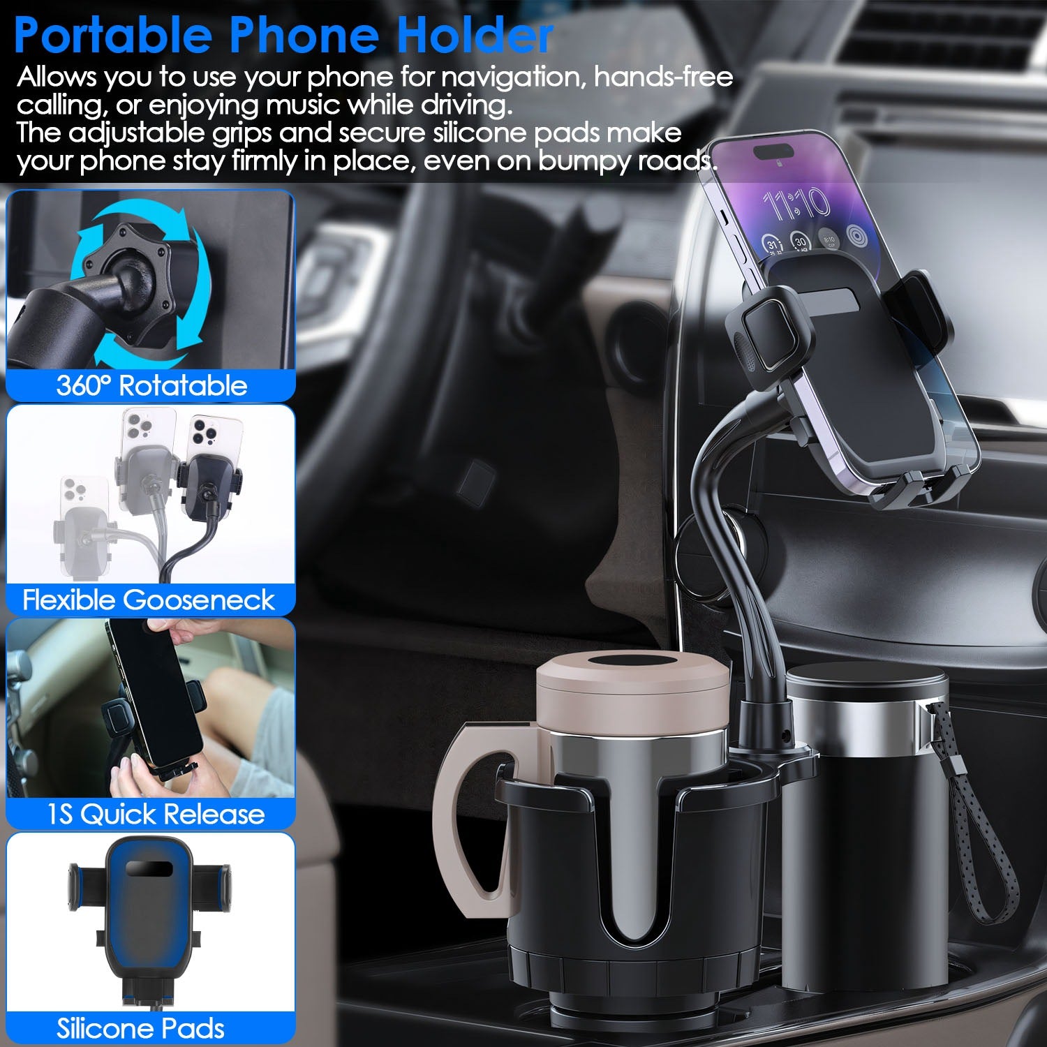 1Pc 2 In 1 Car Cup Phone Holder Automotive Drink Holder With 360 Degree Rotating Gooseneck Phone Mount Adjustable Base Fit For Most Phones Cups Vehicles - 5 - CJ