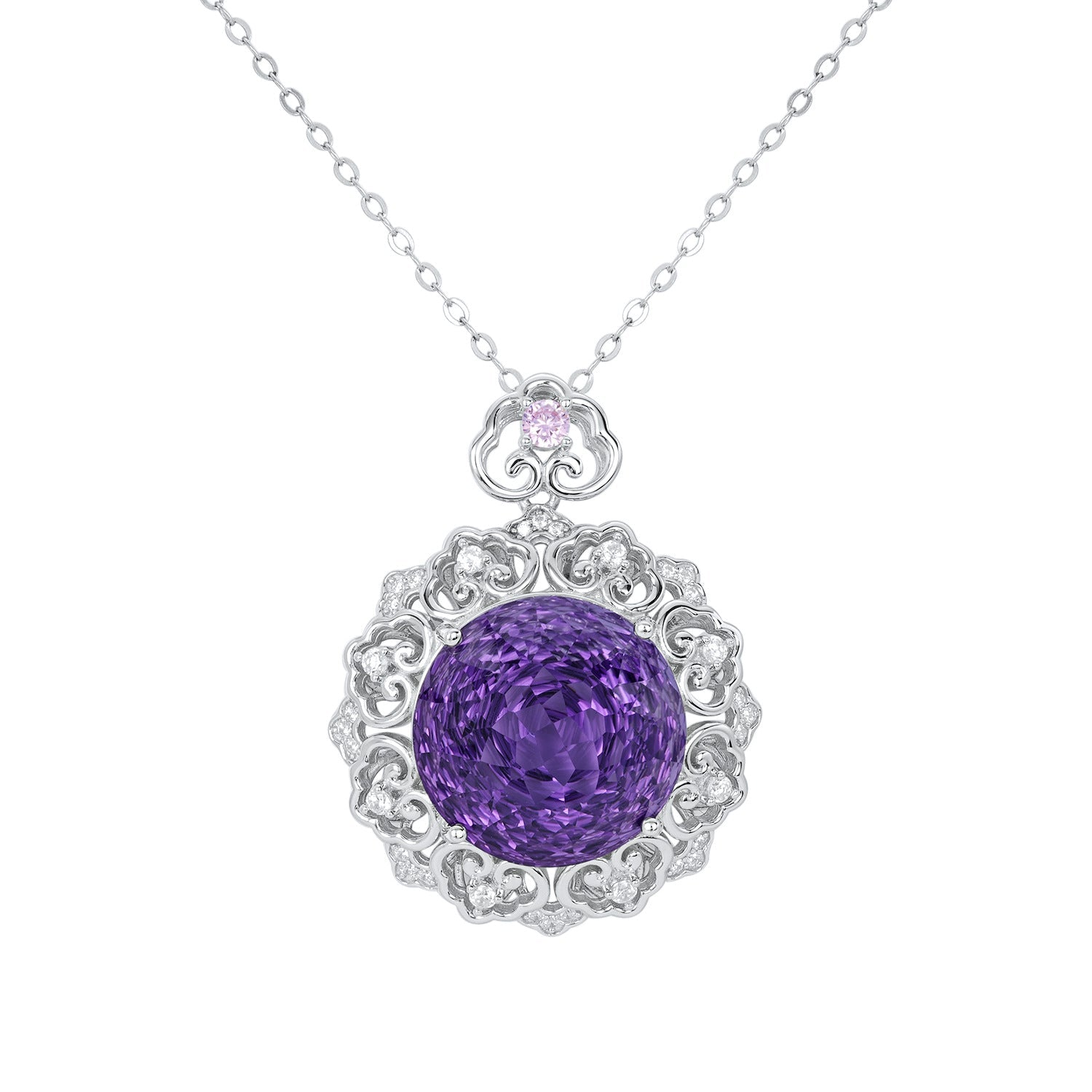 Luxurious S925 Silver Set Natural Amethyst Pendant Female Vintage Pattern Senior Jewelry Quality Sweater Chain - 4 - CJ