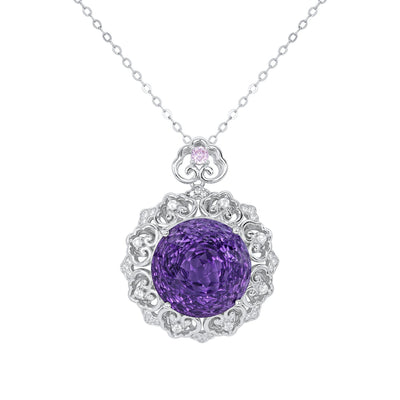 Luxurious S925 Silver Set Natural Amethyst Pendant Female Vintage Pattern Senior Jewelry Quality Sweater Chain - 4 - CJ