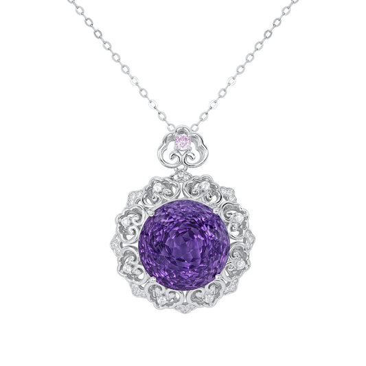 Luxurious S925 Silver Set Natural Amethyst Pendant Female Vintage Pattern Senior Jewelry Quality Sweater Chain - 4 - CJ