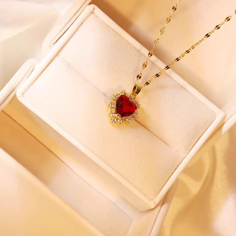 Fashion Micro - inlaid Pendant Ruby Heart Necklace - 0 - CJ