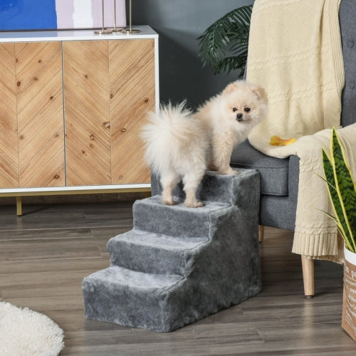 PawHut Four - Step Dog Stairs, With Washable Plush Cover, For High Bed Sofa, Dog Stairs For Small Dog And Cat - Light Grey - 5 - CJ