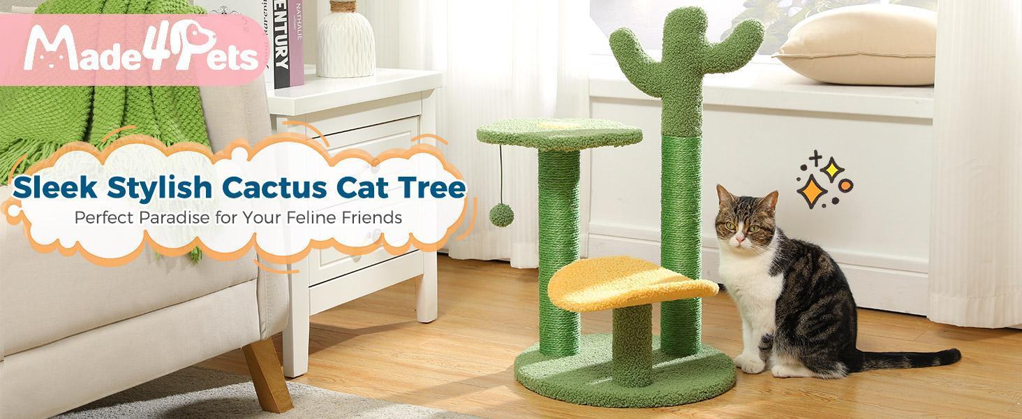 26 Inch Cactus Cat Tree With Bird's Eye View Flower Perch, Soft Cactus Top And Hanging Ball, Compact Vertical Structure For Indoor Cats - 5 - cjdroshippping