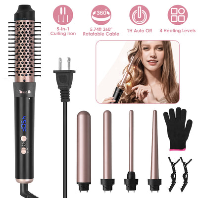 2 Type Options - 1Pc 5 In 1 Curling Wand Hair Curling Iron Brush Anti - Tangle Hair Thermal Brush Curler With 4 Heating Levels 360 Degree Rotatable Cable 5 Interchangeable Barrels 2 Clips 1H Auto Off - 5 - cjdropshipping