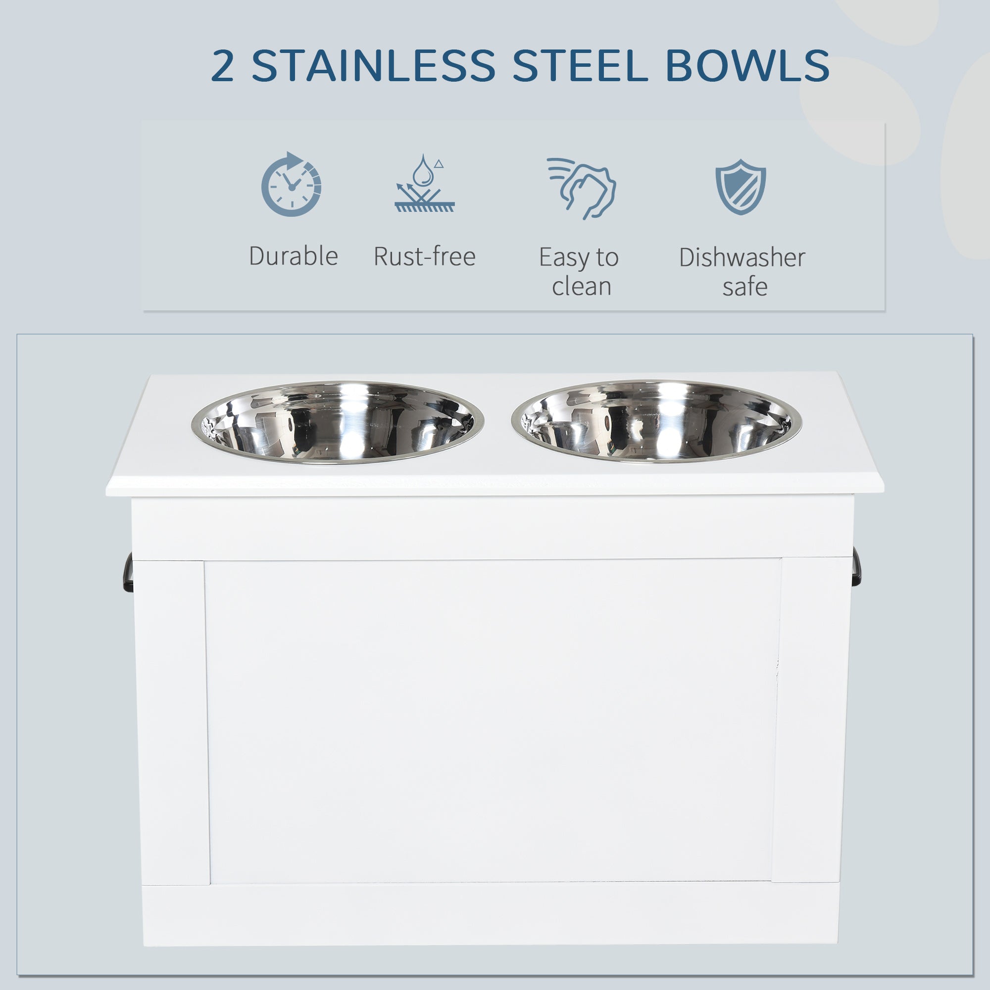 Raised Pet Feeding Storage Station with 2 Stainless Steel Bowls Base for Large Dogs and Other Large Pets, White - 5 - CJ
