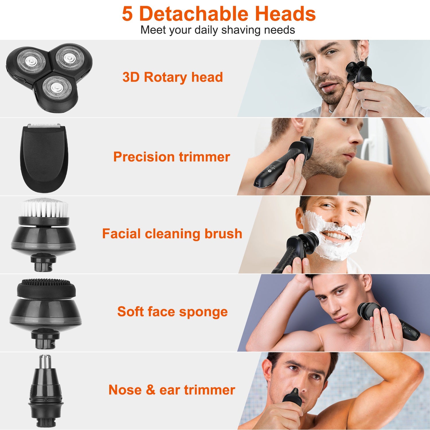 1Pack 5 In 1 Electric Razor Shaver Rechargeable Cordless Head Beard Trimmer Shaver Kit IPX6 Waterproof Dry Wet Grooming Kit - 5 - CJ