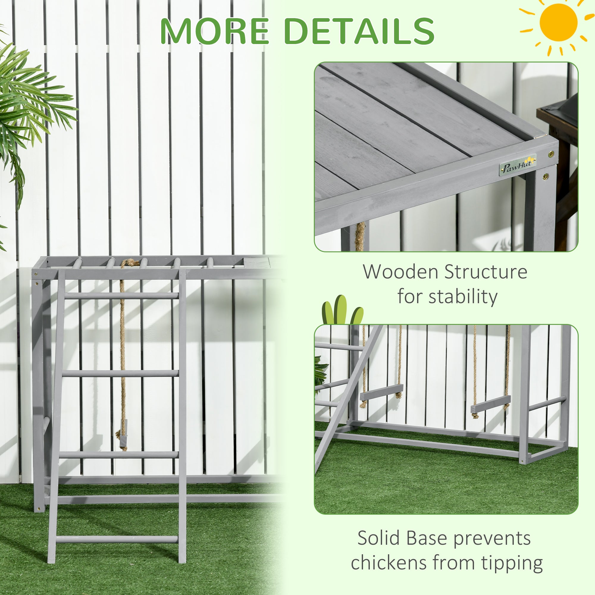 Chicken Activity Game With Swing Set For 3 - 4 Birds, Wooden Chicken Coop Accessory With Multiple Chicken Perches And Hen Ladder Grey - 5 - CJ