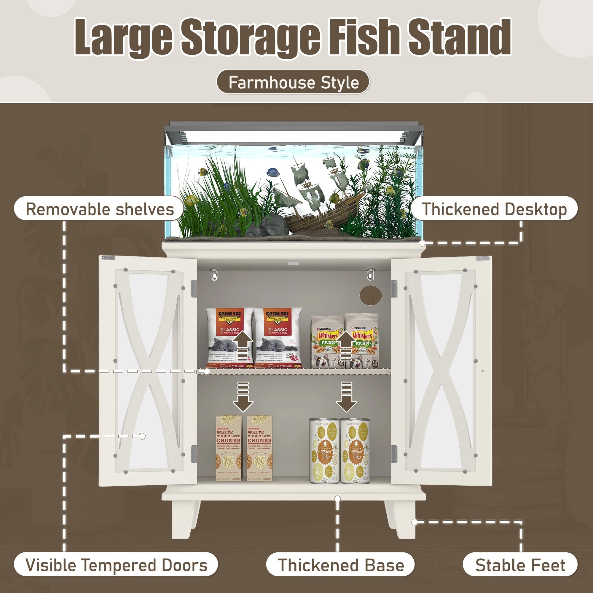 20 - gallon Aquarium Rack With 4 AC Outlets And 2 USB Ports, Farmhouse - style Decorative Aquarium Rack Furniture With Adjustable Shelves 10 - 20 Gallon Reptile And Turtle Rack With Storage Cabinet, Beige. - 5 - CJ