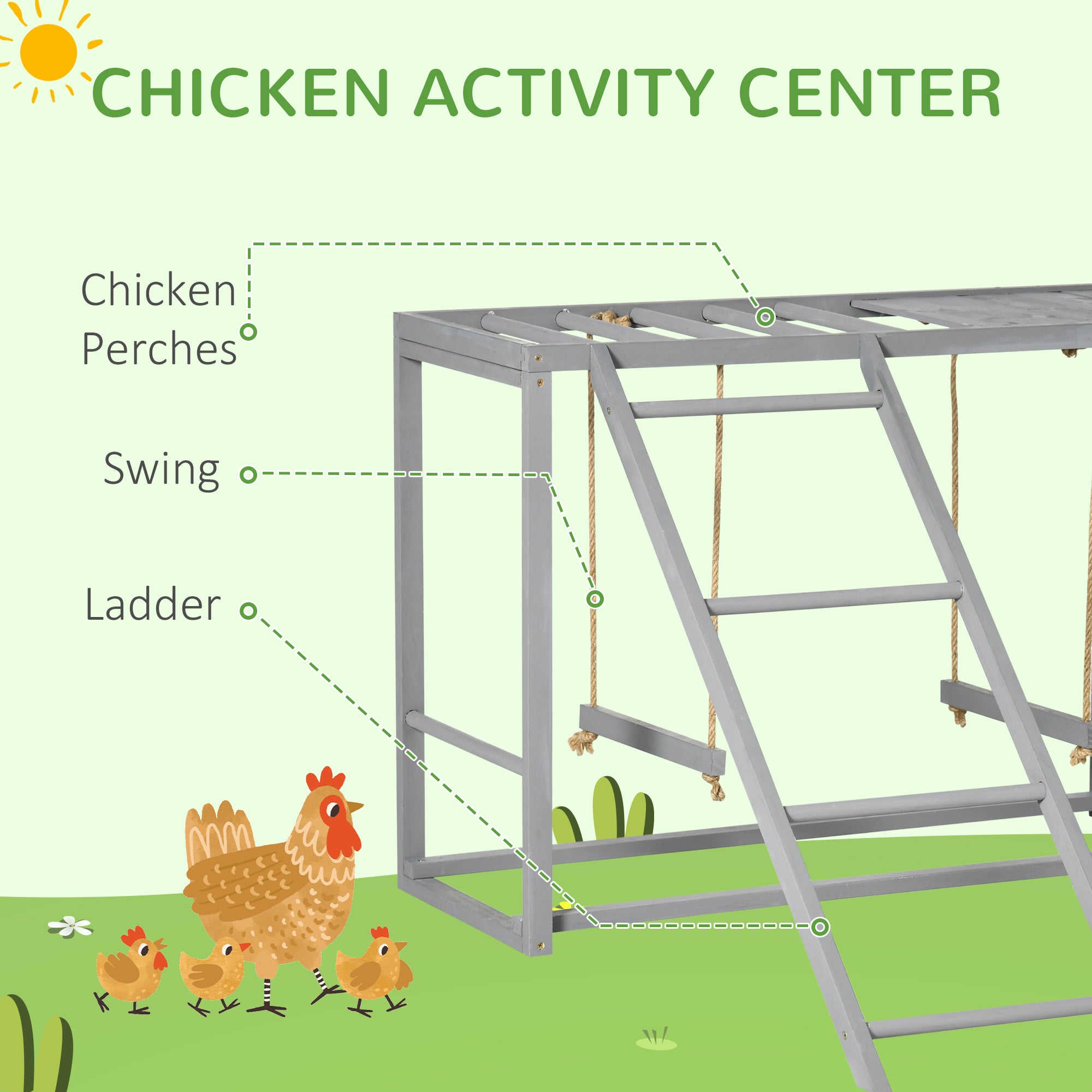 Chicken Activity Game With Swing Set For 3 - 4 Birds, Wooden Chicken Coop Accessory With Multiple Chicken Perches And Hen Ladder Grey - 5 - CJ