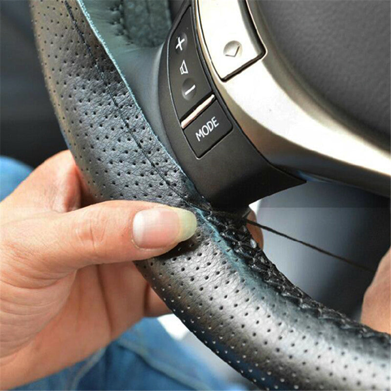 Genuine Leather DIY Car Steering Wheel Cover Anti - slip For Cm Black US - 5 - CJ