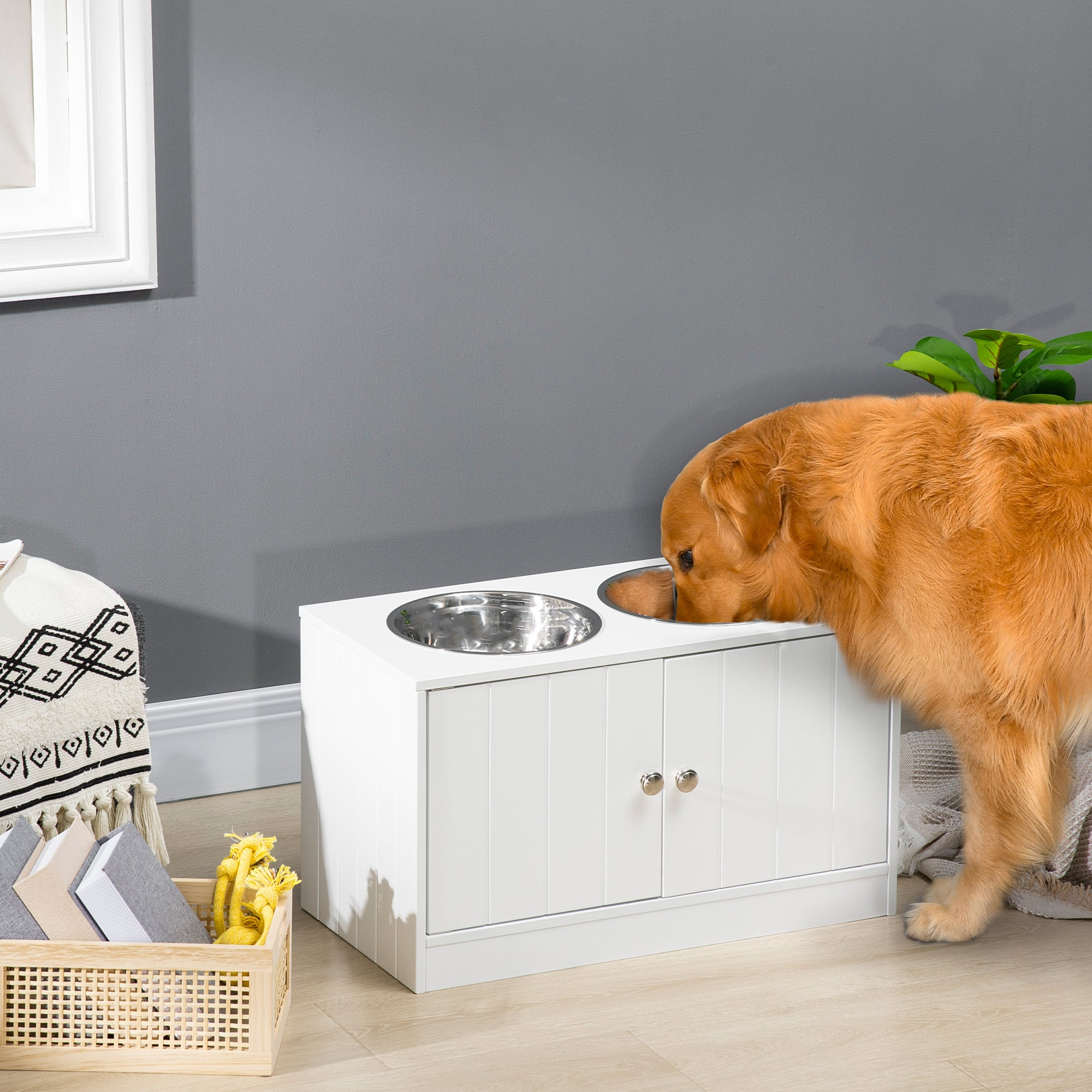 Large Elevated Dog Bowls with Storage Cabinet Containing Large 44L Capacity, Raised Dog Bowl Stand Pet Food Bowl Pet Feeding Station, White - 5 - CJ