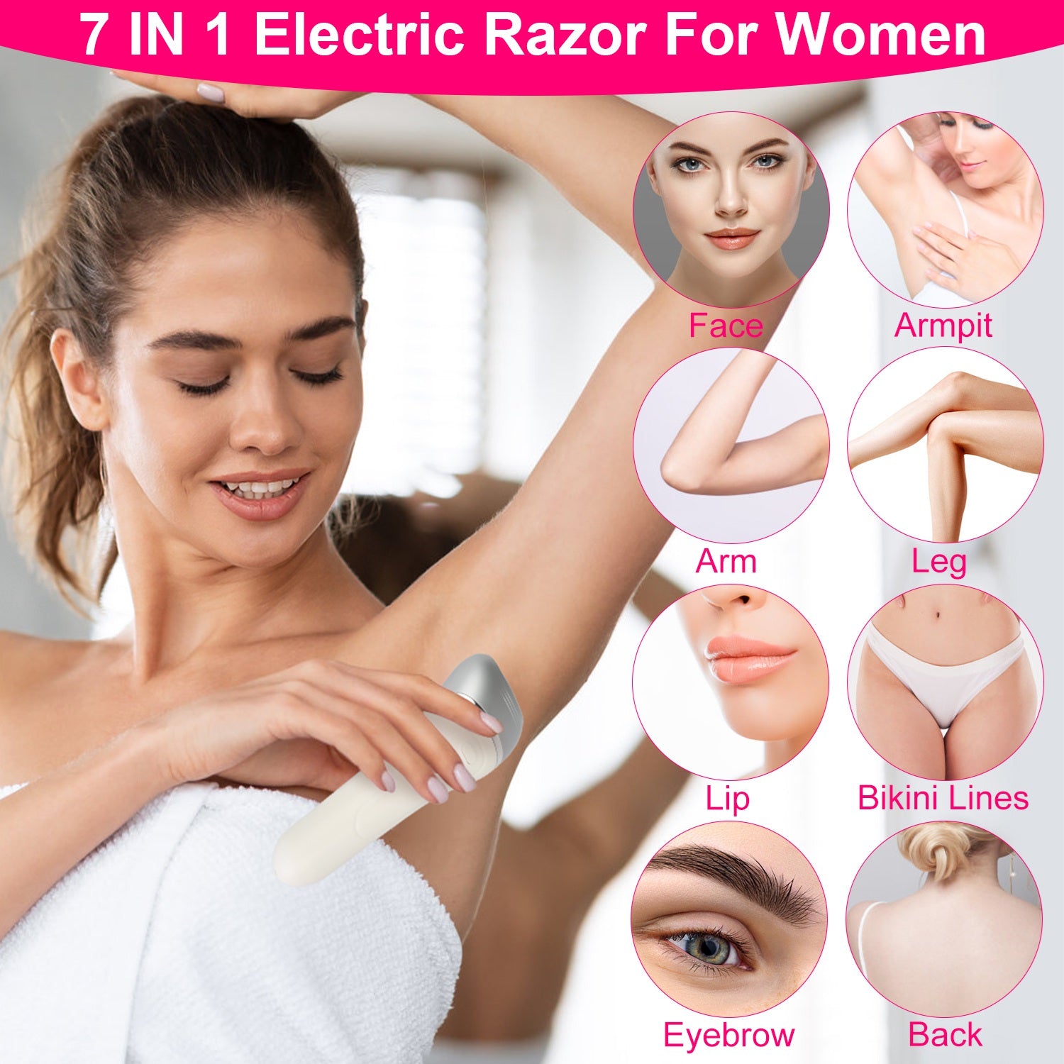 7 In 1 Electric Razor For Women Lady Hair Removal Epilators For Leg Face Arm Bikini Armpit Public Hairs IPX6 Wet And Dry Use Cordless Rechargeable Whole Body Trimmer And Shaver Kit
