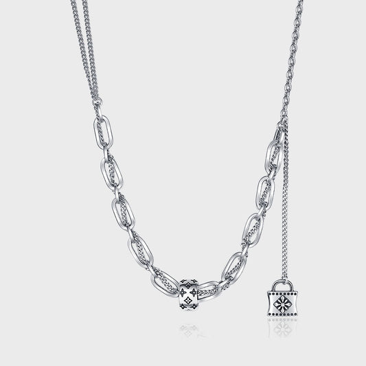 S925 Sterling Silver Print Necklace Women's Retro Style High Class Lock Tassel Chain Rework Double Layer Splice Sweater Chain - 4 - https://x.com/titan_prim62775J