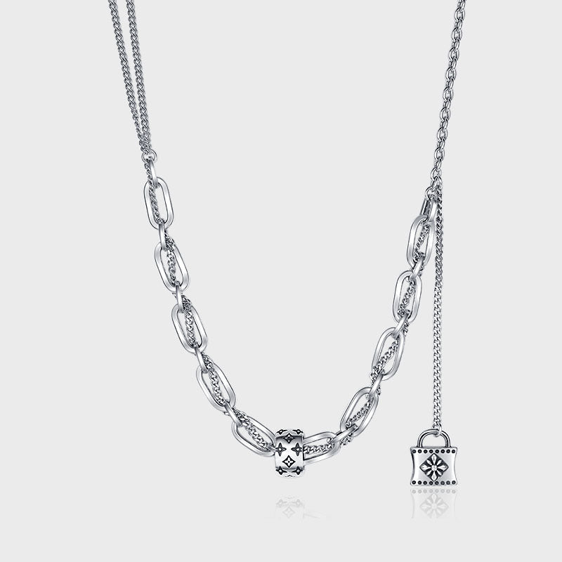 S925 Sterling Silver Print Necklace Women's Retro Style High Class Lock Tassel Chain Rework Double Layer Splice Sweater Chain - 4 - https://x.com/titan_prim62775J