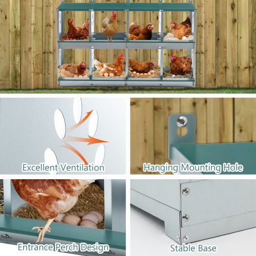 8 Compartment Chicken Nesting Boxes,For Laying Eggs, Metal Poultry Nest Box Wall Mount For Chickens, Hens, Large Vented Holes Chicken Coop Box - 5 - CJ