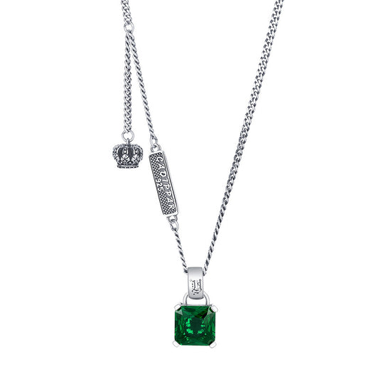 S925 Silver Emerald Necklace Women Retro Fashion Charm Crown Collar Chain Hip Hop Personality Sweater Chain - 4 - CJ