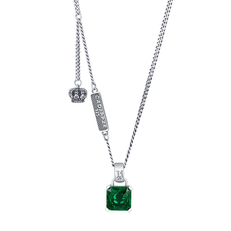 S925 Silver Emerald Necklace Women Retro Fashion Charm Crown Collar Chain Hip Hop Personality Sweater Chain - 4 - CJ