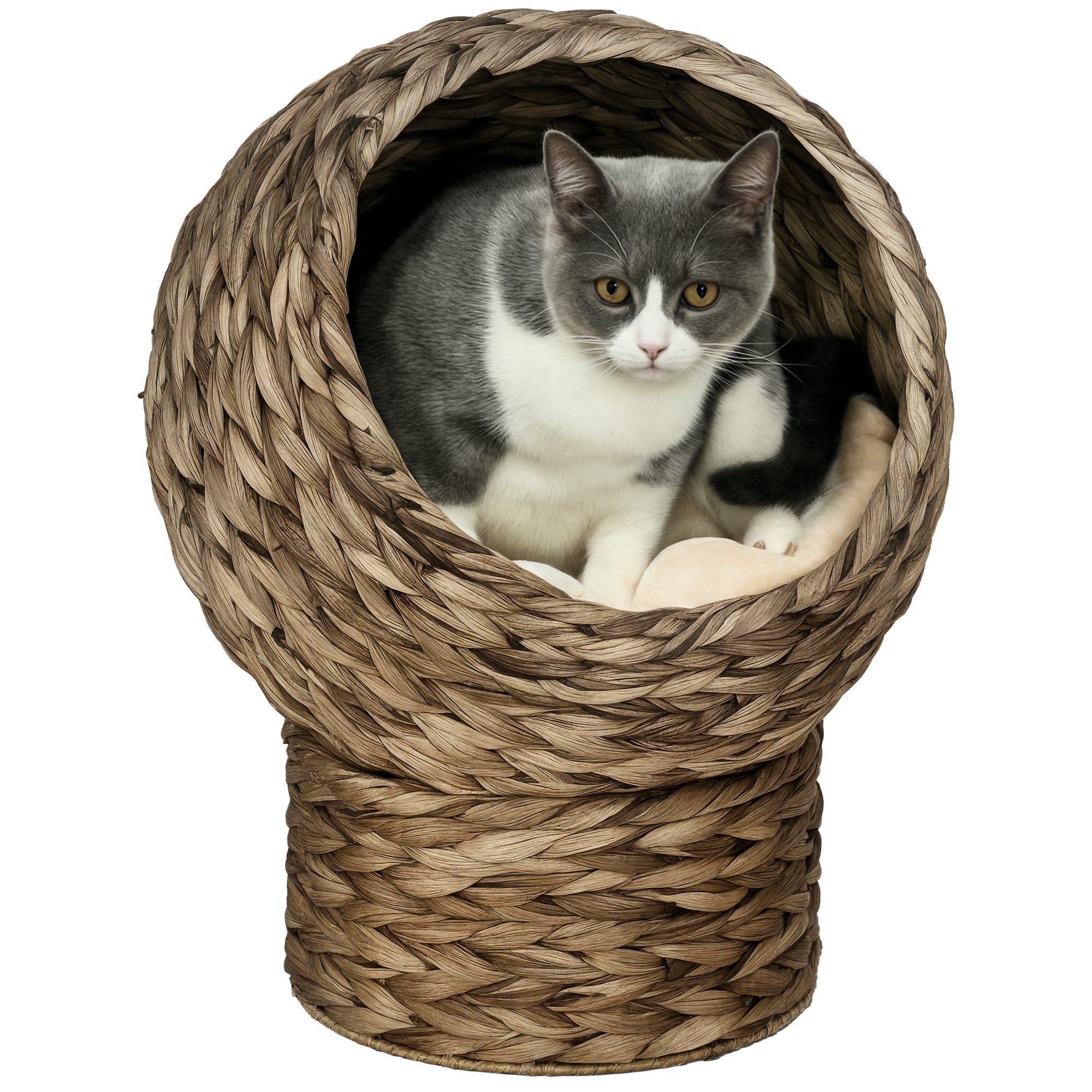 Handwoven Elevated Cat Bed with Soft Cushion & Egg Chair Shape, Basket Bed Kitty House with Stand, Raised Wicker House for Indoor Cats, 20" H, Gray - 5 - CJ