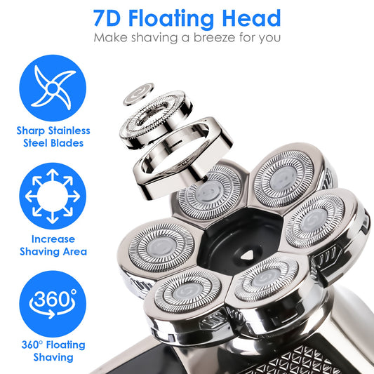 1Pc Head Shavers For Bald Men 5 In 1 7D Electric Rotary Razor Rechargeable Cordless Head Beard Trimmer Shaver Kit IPX6 Waterproof Dry Wet Grooming Kit With 3 Combs - 5 - CJ