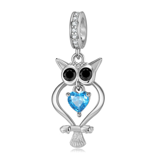925 Silver Zirconium Blue Heart Owl Pendant Diy Beaded Bracelet Accessories - 4 - CJ
