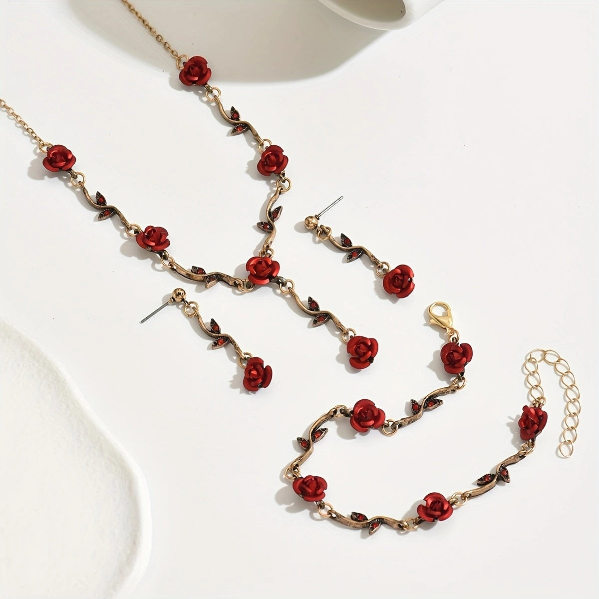 Lxalry Romantic Red Rose Jewelry Set, Handmade Electroplated Necklace Bracelet & Earrings Trio, Bridal Gift For Wedding Elegance & Everyday Romance - 5 - CJ