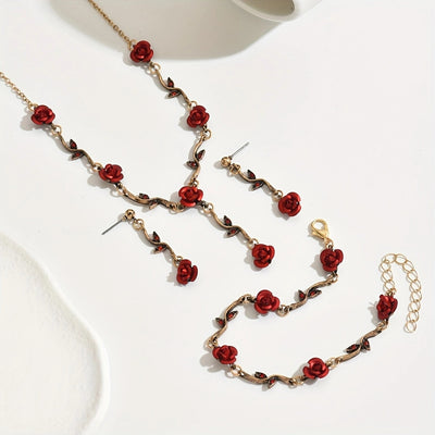 Lxalry Romantic Red Rose Jewelry Set, Handmade Electroplated Necklace Bracelet & Earrings Trio, Bridal Gift For Wedding Elegance & Everyday Romance - 5 - CJ