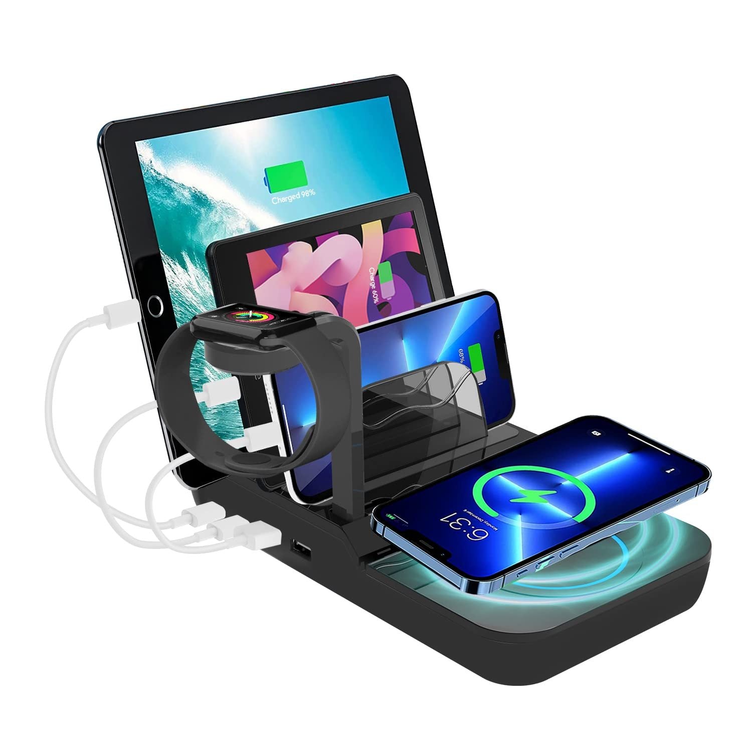 70W Charging Station For Multiple Devices, 5 In 1 Fast Charging Dock With 10W Max Wireless Charger And 4 Ports , 30W USB C PD Fast Charging For IPad, IPhone,Tablets,Kindle - 5 - CJ