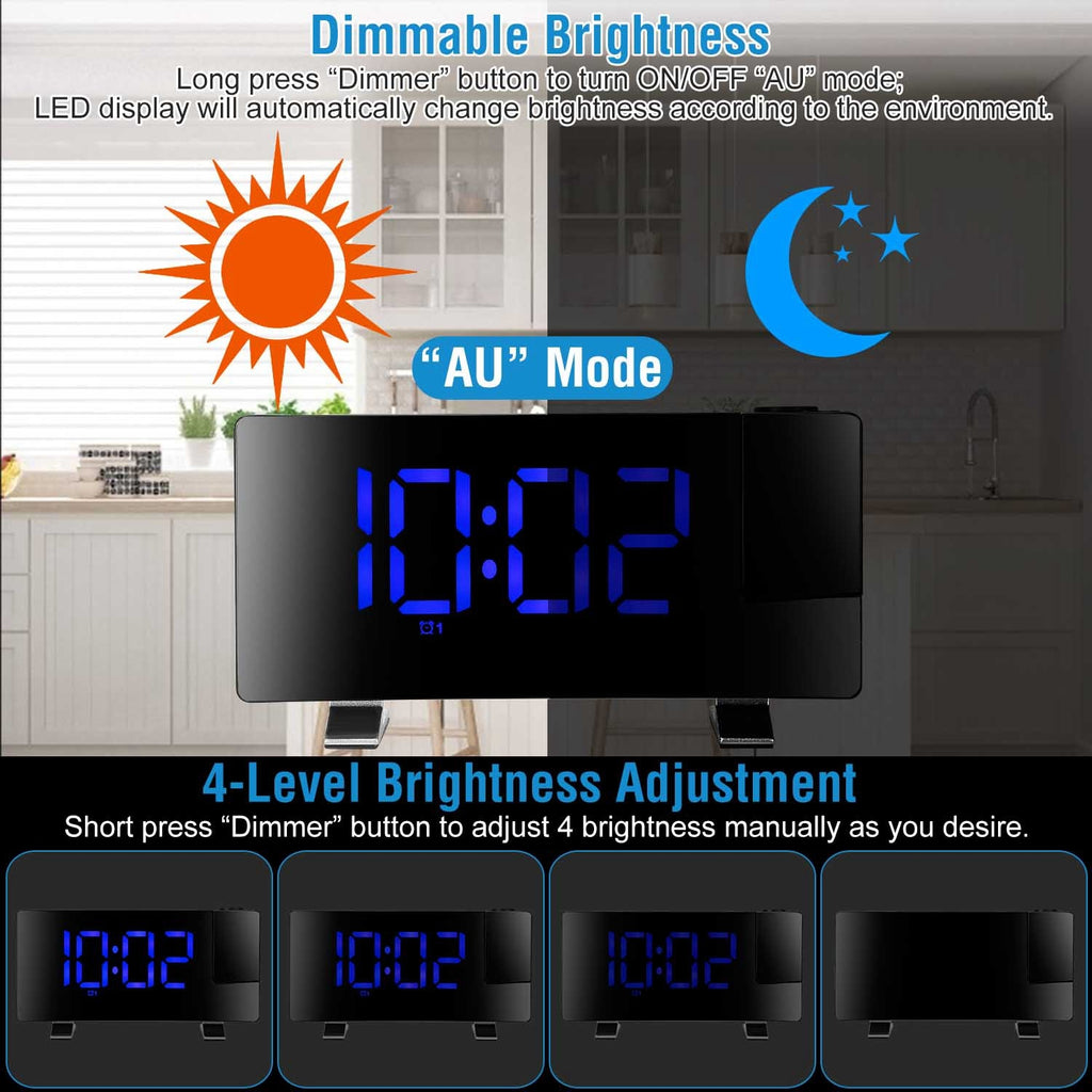 1Pc Projection Alarm Clock With Radio Function Curved Screen LED Digital Alarm Clock With Dual Alarms 4 Dimmer 12-24 Hour USB Charging Port 180Degree Rotatable Projection