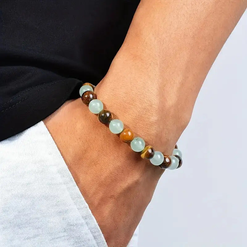 Natural Tiger Eye & Green Jade Bracelet For Abundance Handcrafted Beads For Energy & Style Adults Money & Success