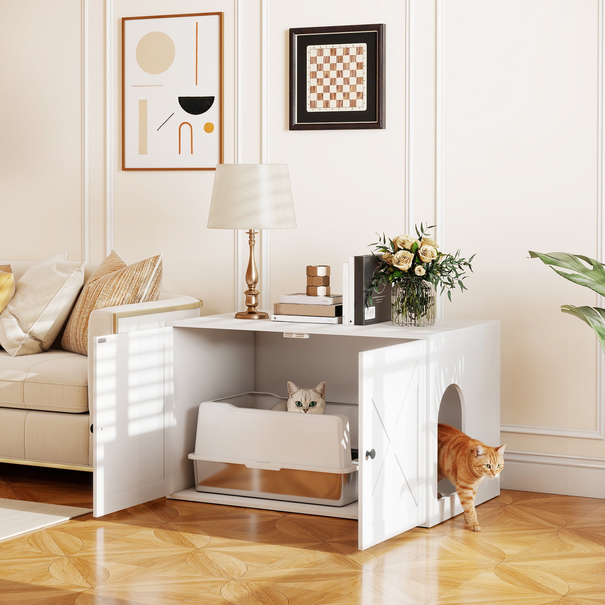 Cat Litter Box Enclosure with Barn Door, Cat Hole, 31.5" x 21" x 20", White - 5 - CJ