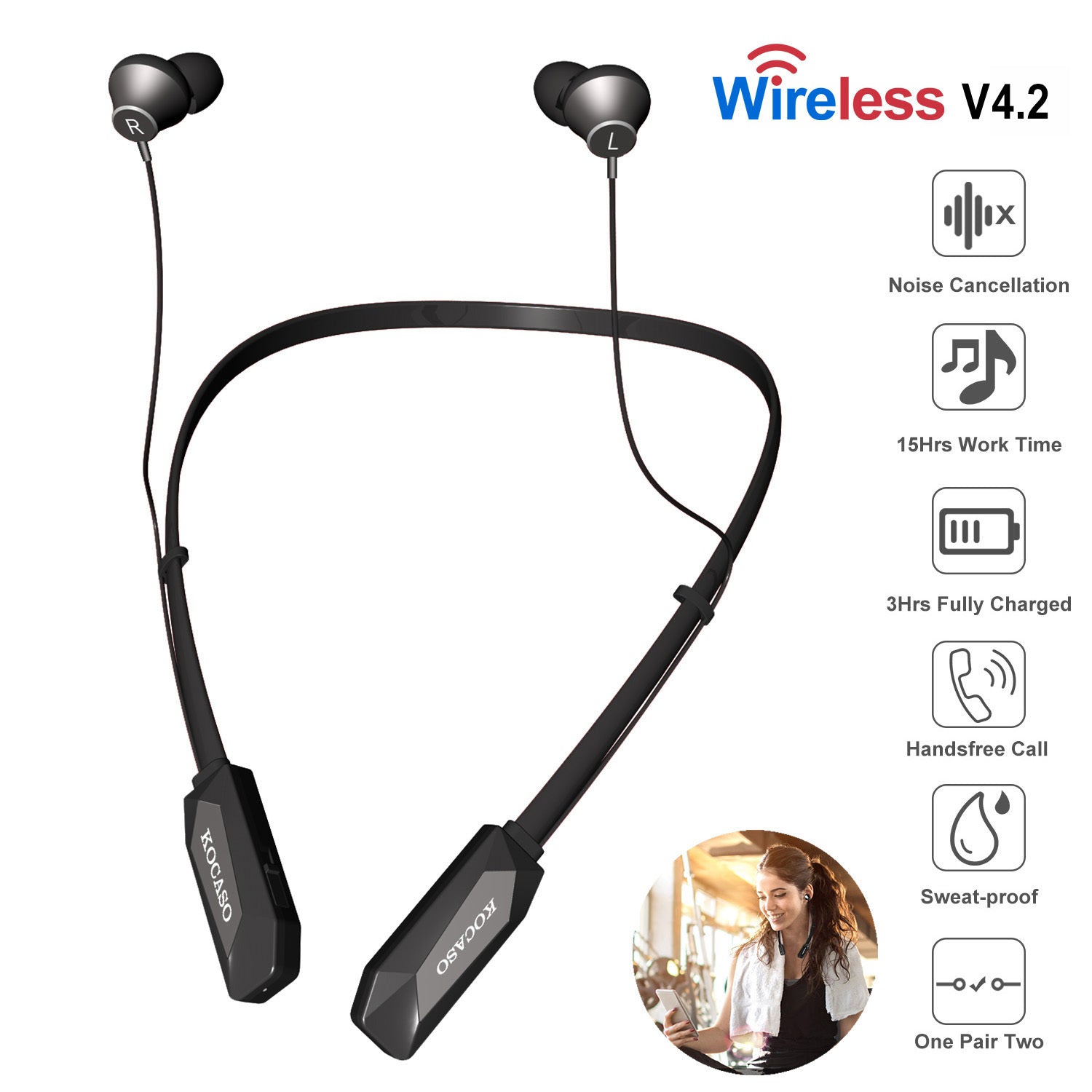 Black-Red Color Options -- 1Pc Wireless Neckband Headphones V4.2 Sweat-proof Sport Headsets Earbuds In-Ear Magnetic Neckbands Stereo Earphone Deep Bass Earphone With Mic 15Hrs Work Running Hiking