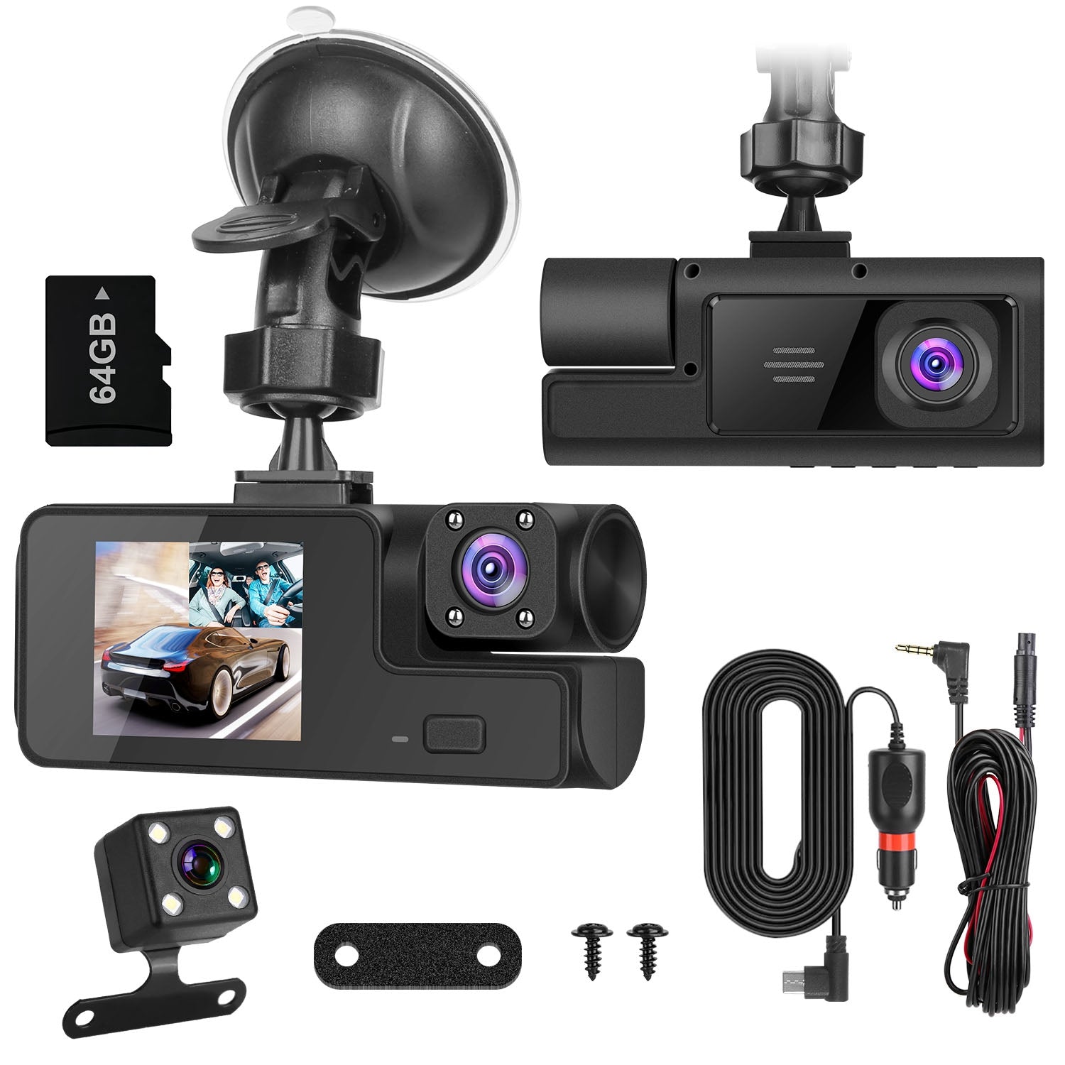 1Pc WiFi FHD 1080P Car Dash Cam 3 Channels Front Rear Inside Dash Camera With Loop Recording Reversing Visual 170 Degree Wide Angle 64G Card Included - 5.0 - cjdropshipping