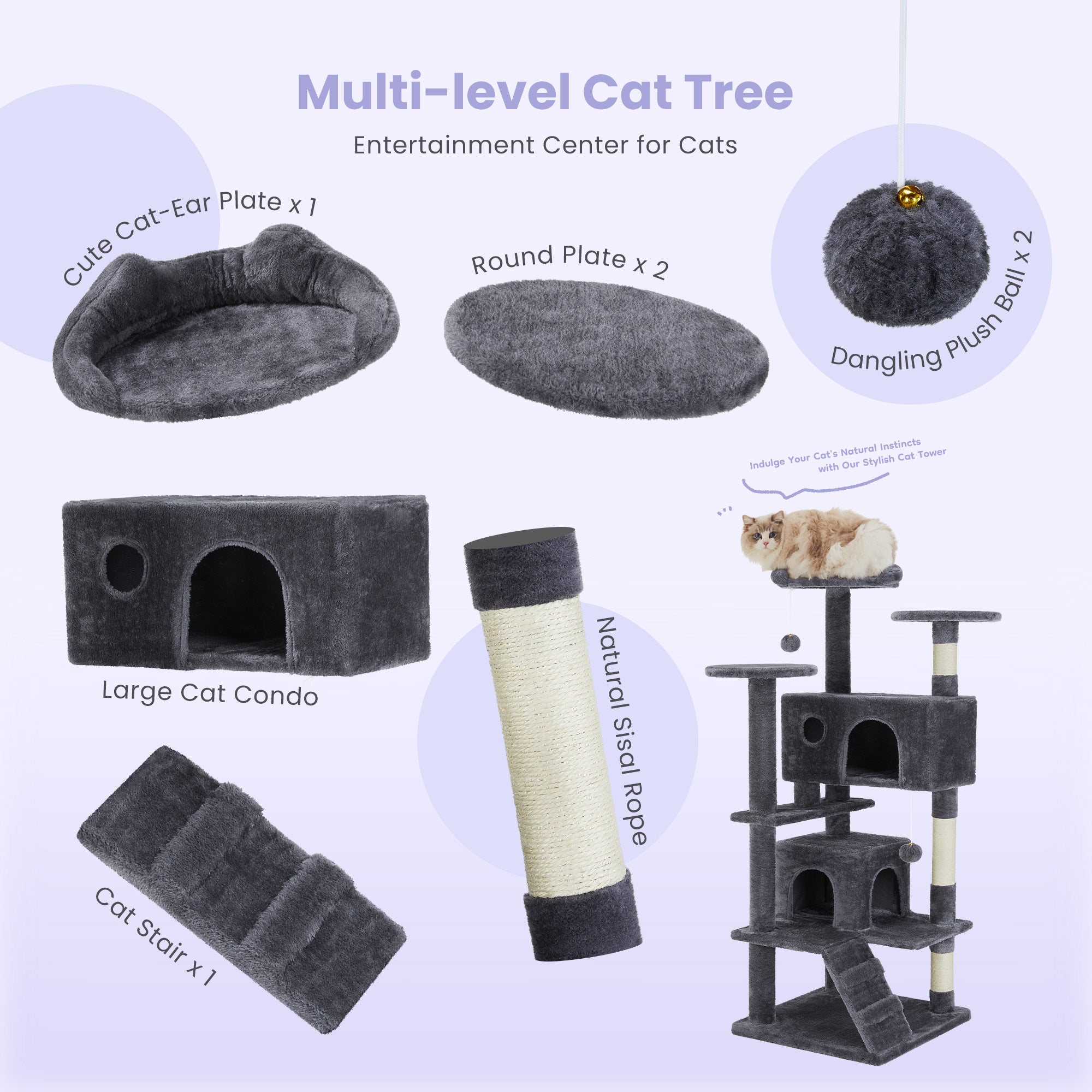 Large Cat Tree Tower, 62 - 70 - 80 Cat Tree  Large Cats, Multi Level With Scratching Post, Cozy Cat Jumping Platform Space, Grey - 5 - CJ