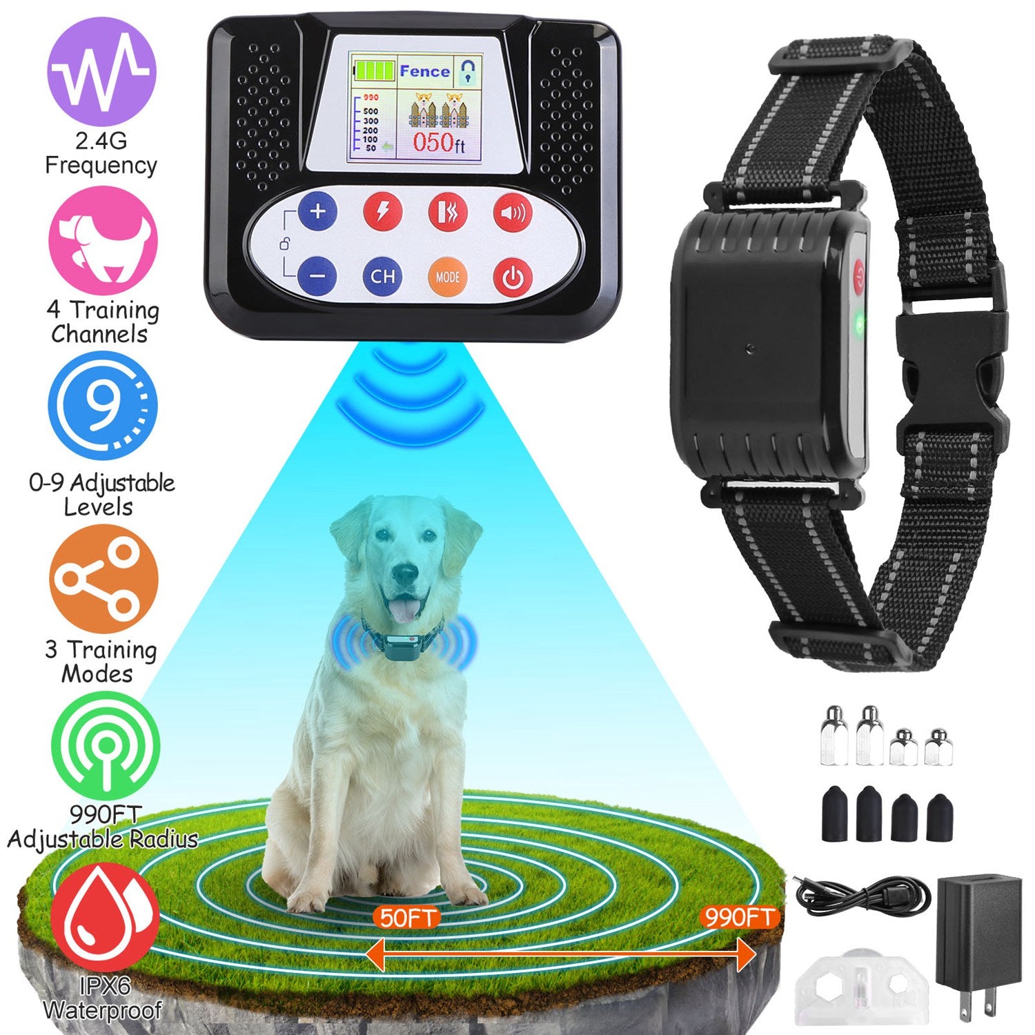 1Set 990FT Range Dog Wireless Fence Remote Training Collar IPX6 Waterproof Receiver With 0 - 9 Levels Beep Vibration Shock Mode 4 Channels Rechargeable Transmitter System - 5 - CJ