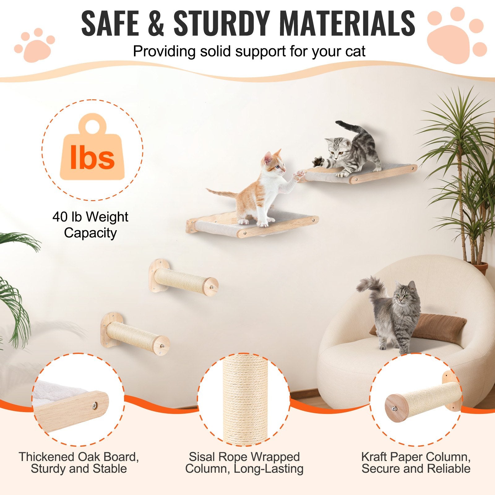 Wall Mounted Cat Shelves, Cat Wall Shelves And Perches With Jumping Posts & Hammocks, Cat Furniture Set Up To 40 Lbs, Removable & Washable Coral Fleece For Sleeping, Playing, Climbing, Set Of 4 - 5 - CJ